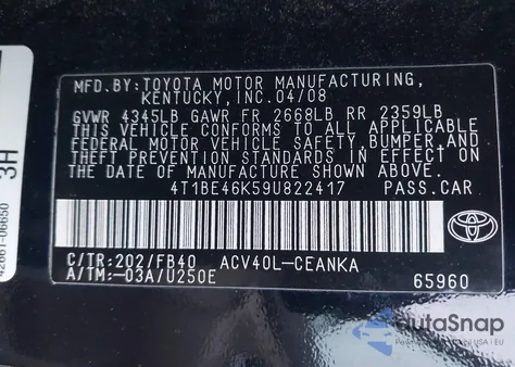 2009 Toyota Camry Base z USA, uszkodzony, nr VIN 4T1BE46K59U822417